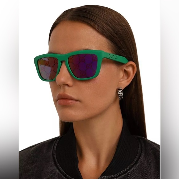 GUCCI MATT GREEN “GG”LOGO MIRRORED LIGHTWEIGHT SUNGLASSES - Picture 2 of 16